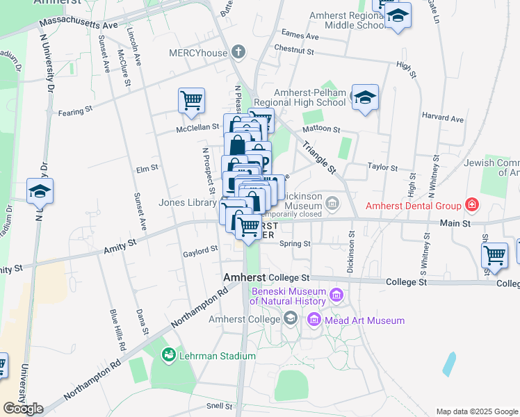 map of restaurants, bars, coffee shops, grocery stores, and more near 49 Boltwood Walk in Amherst