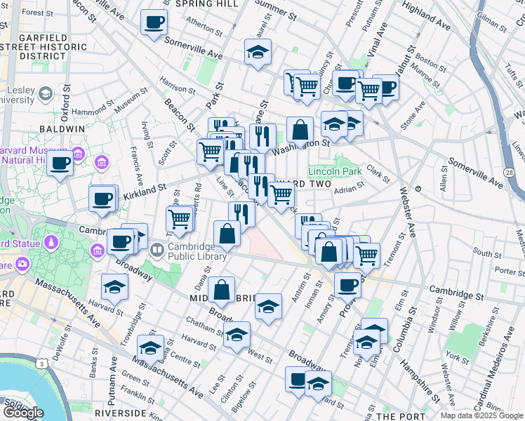 map of restaurants, bars, coffee shops, grocery stores, and more near 76 Beacon Street in Somerville