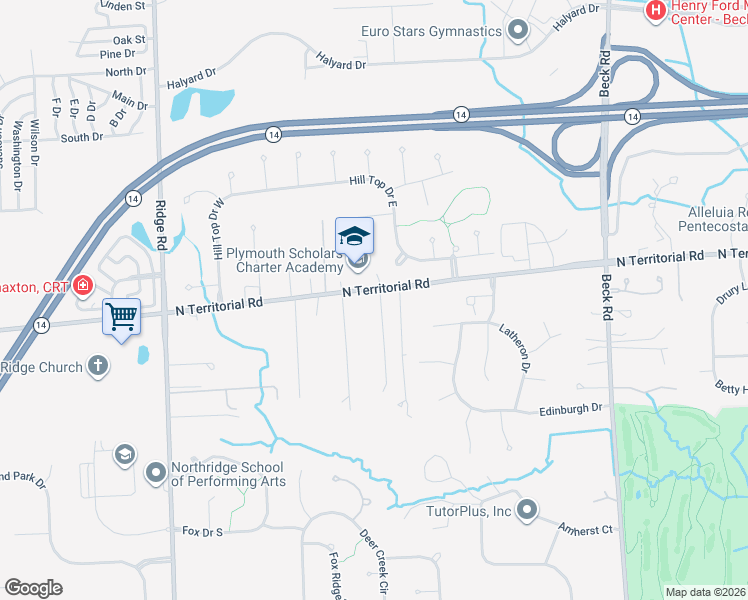 map of restaurants, bars, coffee shops, grocery stores, and more near 48441 North Territorial Road in Plymouth