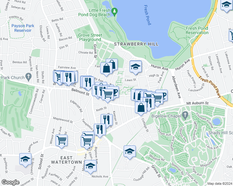 map of restaurants, bars, coffee shops, grocery stores, and more near 75-81 Thingvalla Avenue in Belmont