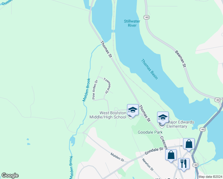 map of restaurants, bars, coffee shops, grocery stores, and more near 18 Townsend Drive in West Boylston