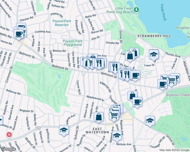 map of restaurants, bars, coffee shops, grocery stores, and more near 157 Langdon Avenue in Watertown