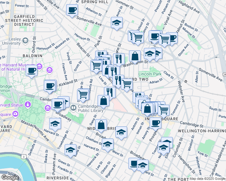 map of restaurants, bars, coffee shops, grocery stores, and more near 76 Beacon Street in Somerville