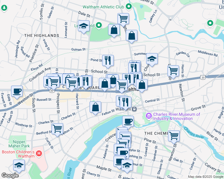 map of restaurants, bars, coffee shops, grocery stores, and more near 735 Main Street in Waltham