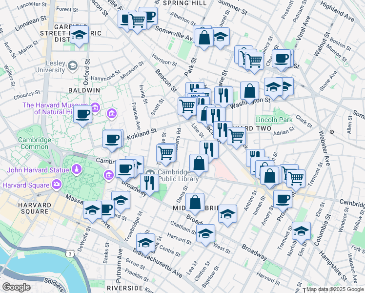 map of restaurants, bars, coffee shops, grocery stores, and more near 5 Baldwin Street Court in Cambridge