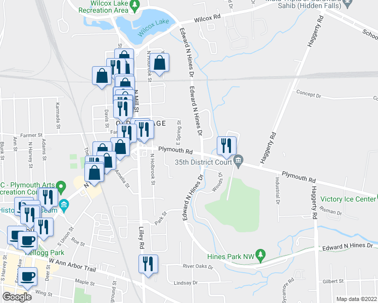 map of restaurants, bars, coffee shops, grocery stores, and more near 486 Plymouth Rd in Plymouth