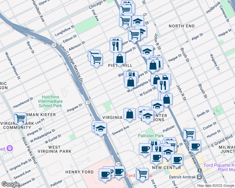 map of restaurants, bars, coffee shops, grocery stores, and more near 710 W Philadelphia St in Detroit