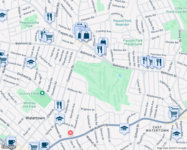 map of restaurants, bars, coffee shops, grocery stores, and more near 410 Belmont Street in Watertown