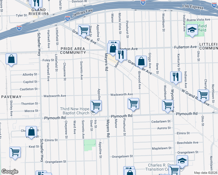 map of restaurants, bars, coffee shops, grocery stores, and more near 12059 Manor in Detroit