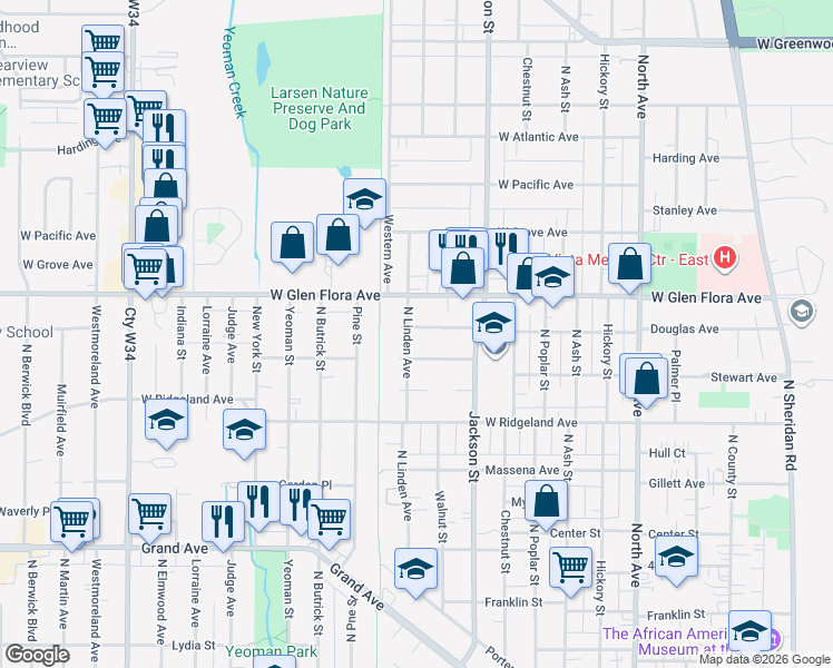 map of restaurants, bars, coffee shops, grocery stores, and more near 1019 Woodlawn Avenue in Waukegan