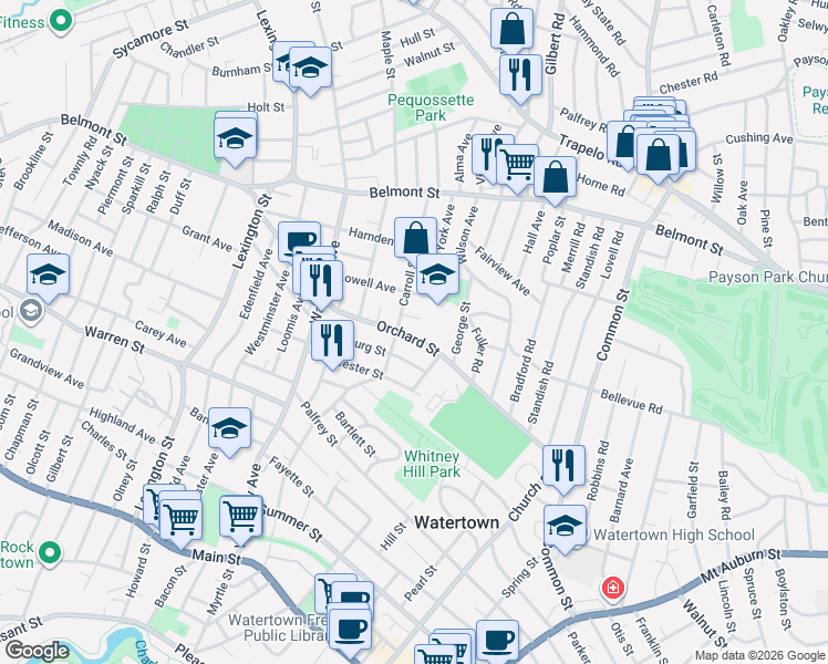 map of restaurants, bars, coffee shops, grocery stores, and more near 17 Carlton Terrace in Watertown
