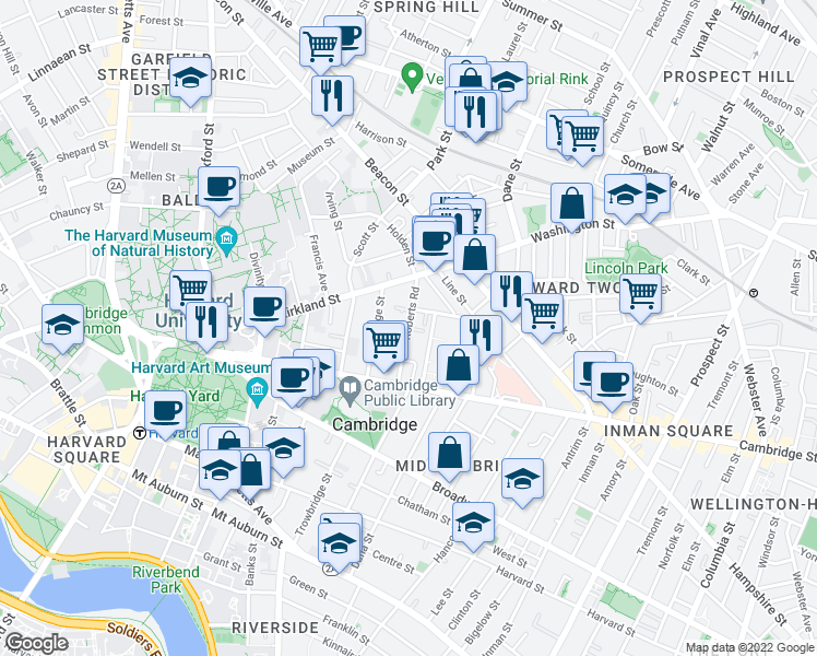 map of restaurants, bars, coffee shops, grocery stores, and more near Roberts Rd & Baldwin St Ct in Mid-Cambridge