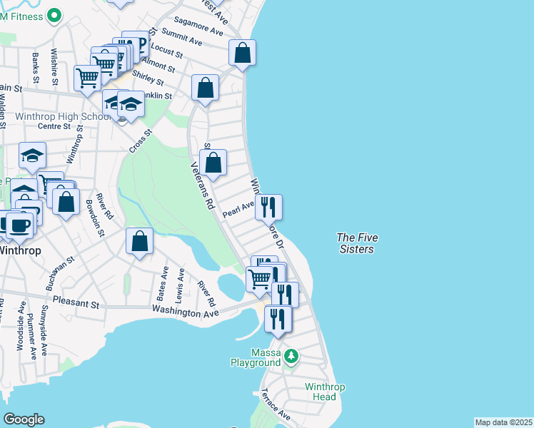 map of restaurants, bars, coffee shops, grocery stores, and more near 132 Winthrop Shore Drive in Winthrop