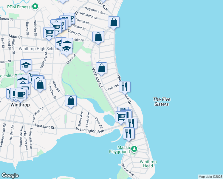 map of restaurants, bars, coffee shops, grocery stores, and more near 35 Pearl Avenue in Winthrop