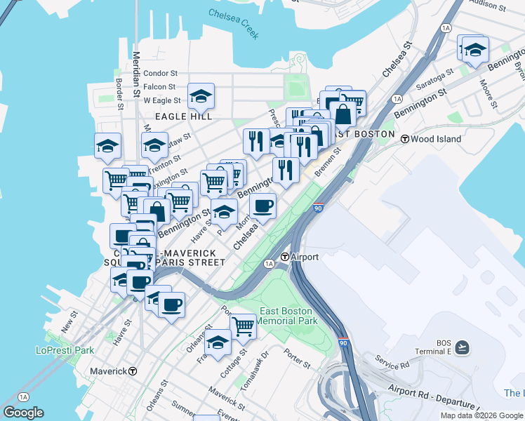map of restaurants, bars, coffee shops, grocery stores, and more near 277 Chelsea Street in Boston