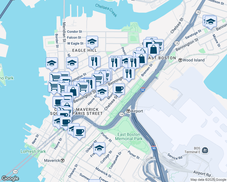 map of restaurants, bars, coffee shops, grocery stores, and more near 303 Paris Street in Boston