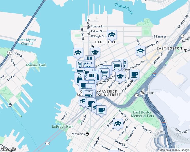map of restaurants, bars, coffee shops, grocery stores, and more near 13 Princeton Street in Boston