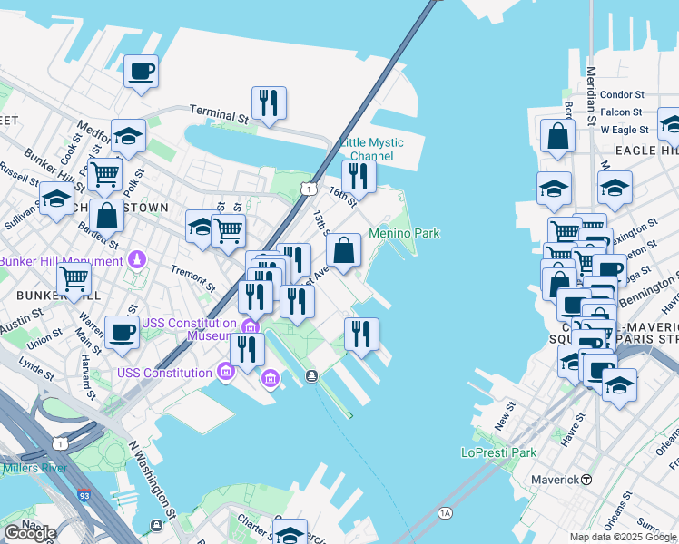 map of restaurants, bars, coffee shops, grocery stores, and more near c2 Shipway place in Boston