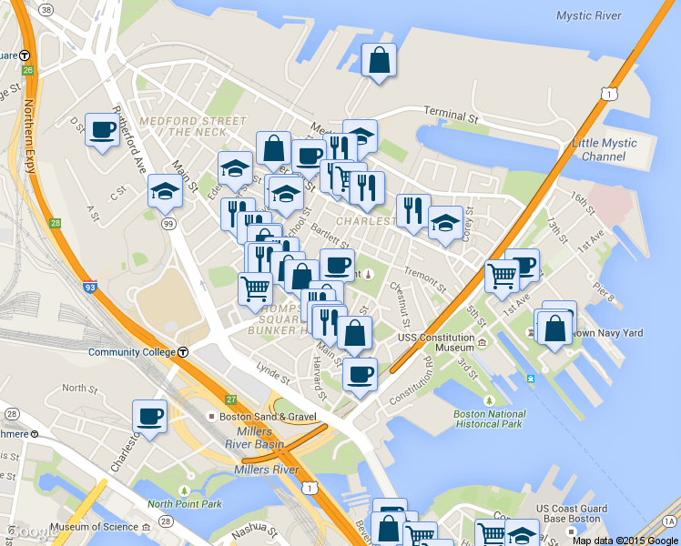 map of restaurants, bars, coffee shops, grocery stores, and more near 5 Cross Street in Boston