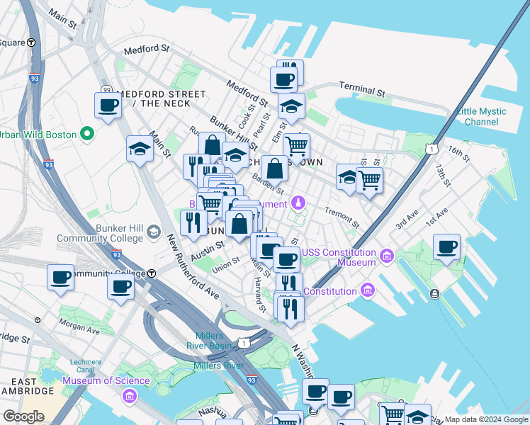 map of restaurants, bars, coffee shops, grocery stores, and more near 5 Cross Street in Boston