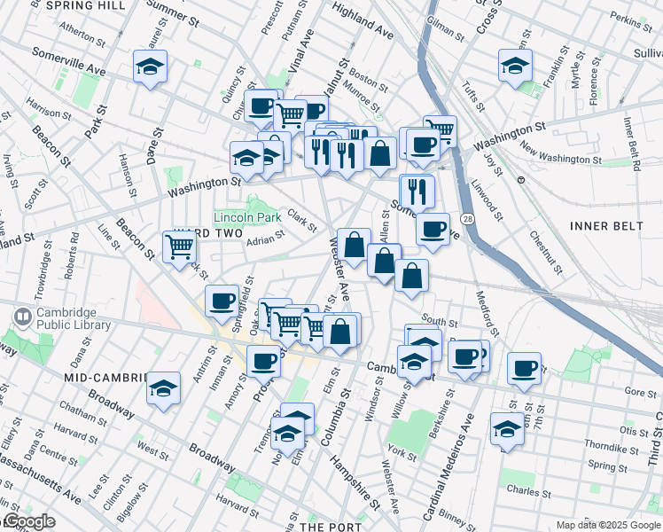 map of restaurants, bars, coffee shops, grocery stores, and more near 55 Webster Avenue in Somerville