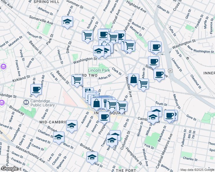 map of restaurants, bars, coffee shops, grocery stores, and more near 48 Concord Avenue in Somerville