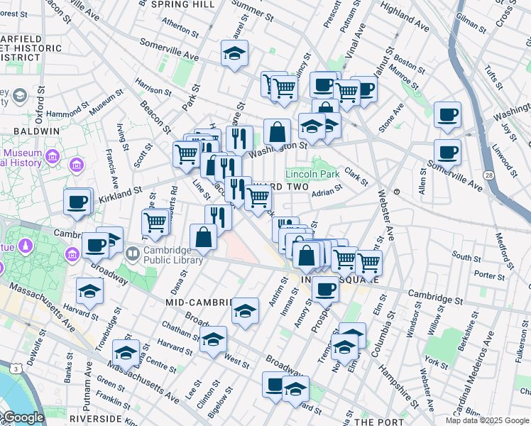 map of restaurants, bars, coffee shops, grocery stores, and more near 15 Buckingham Street in Somerville