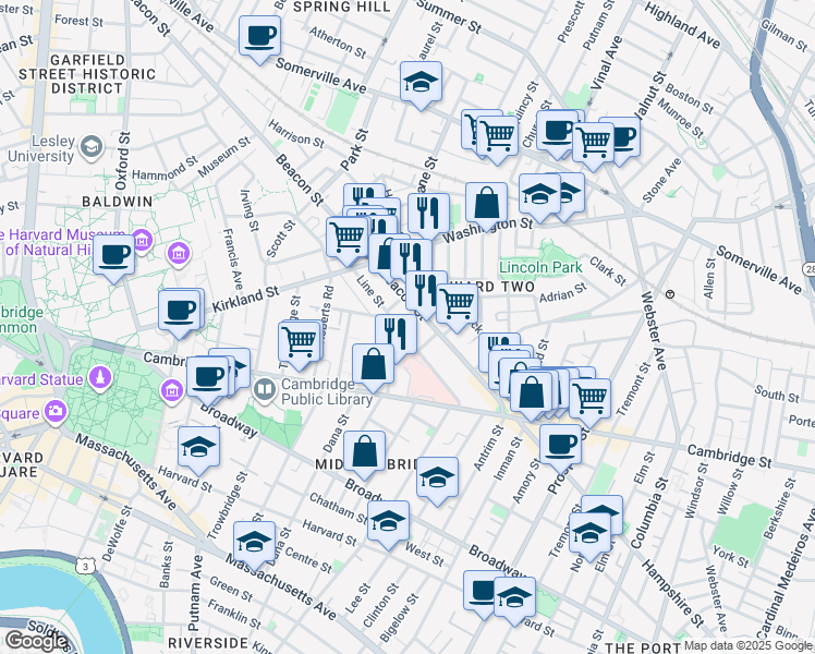 map of restaurants, bars, coffee shops, grocery stores, and more near 76 Beacon Street in Somerville