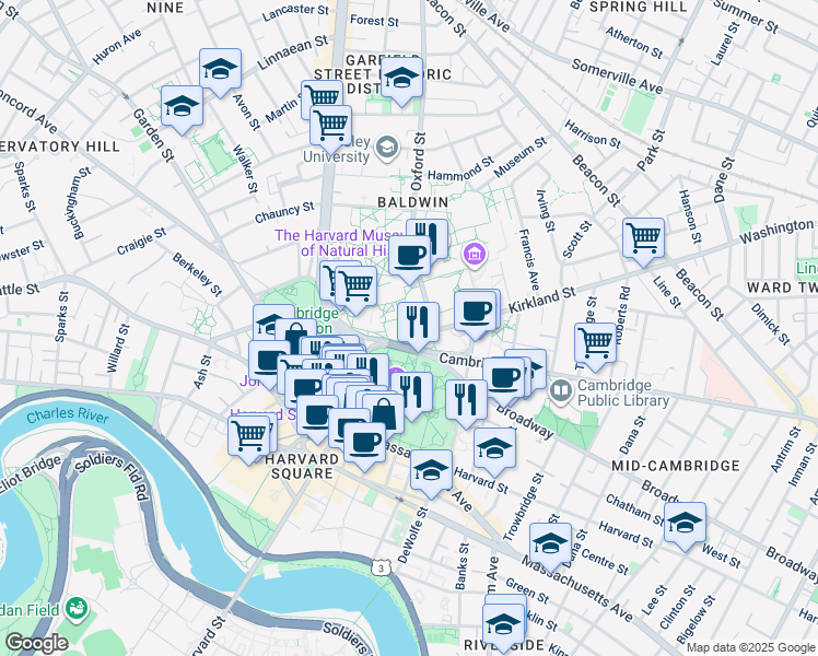 map of restaurants, bars, coffee shops, grocery stores, and more near 12 R Oxford Street in Cambridge
