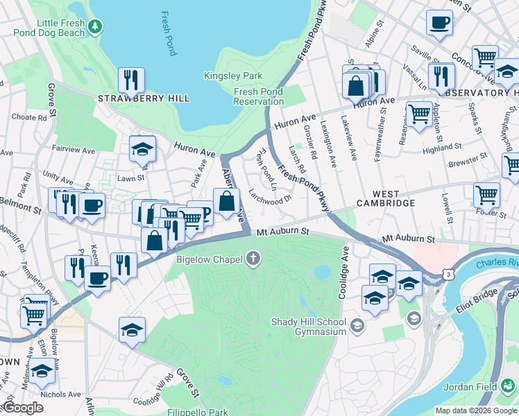 map of restaurants, bars, coffee shops, grocery stores, and more near 40 Larchwood Drive in Cambridge