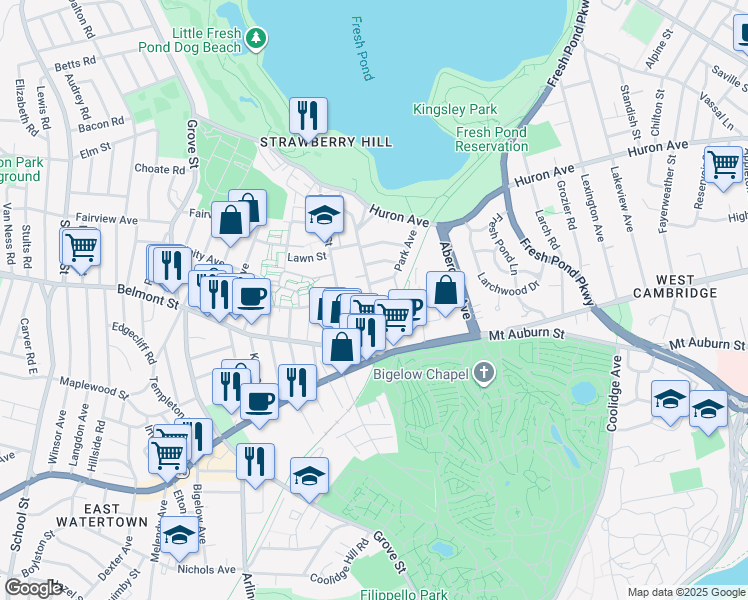 map of restaurants, bars, coffee shops, grocery stores, and more near 28 Holworthy Place in Cambridge