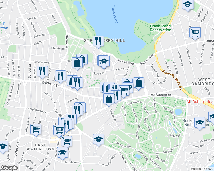 map of restaurants, bars, coffee shops, grocery stores, and more near 13 Thingvalla Avenue in Cambridge