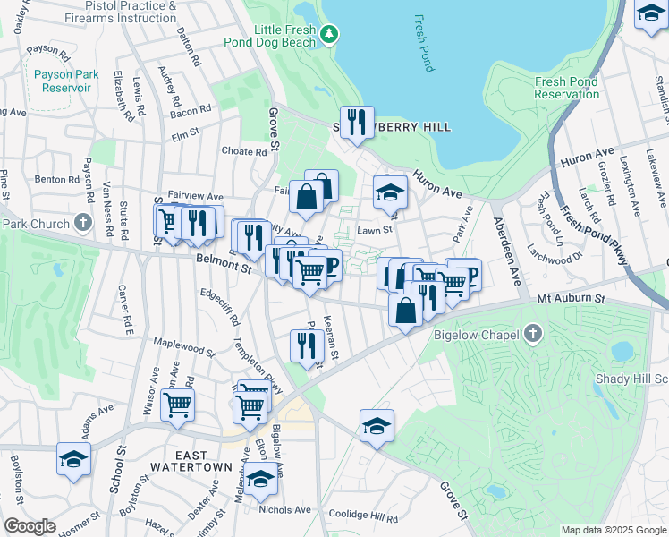 map of restaurants, bars, coffee shops, grocery stores, and more near 24 Exeter Street in Belmont