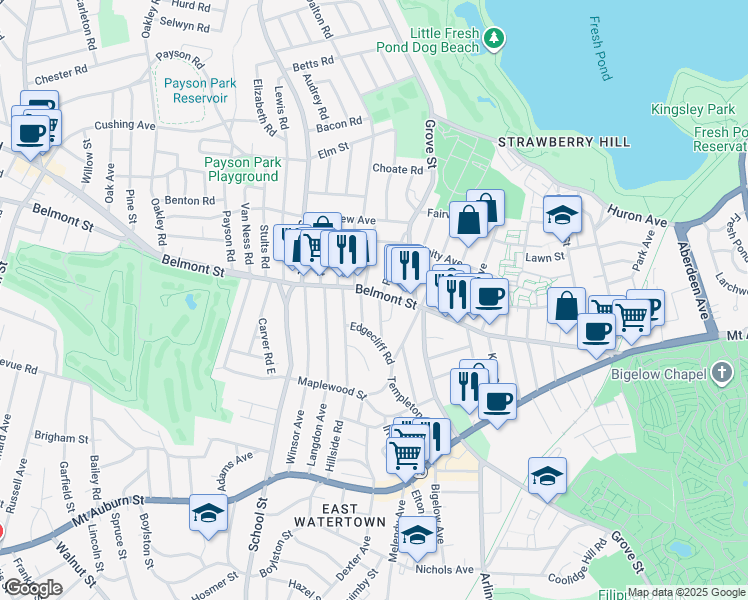 map of restaurants, bars, coffee shops, grocery stores, and more near 220 Belmont Street in Watertown