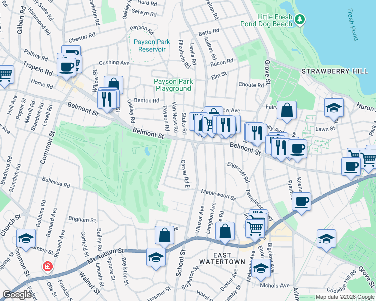 map of restaurants, bars, coffee shops, grocery stores, and more near 408 School Street in Watertown