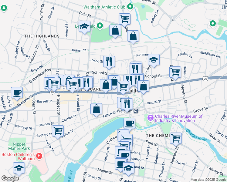 map of restaurants, bars, coffee shops, grocery stores, and more near 735 Main Street in Waltham