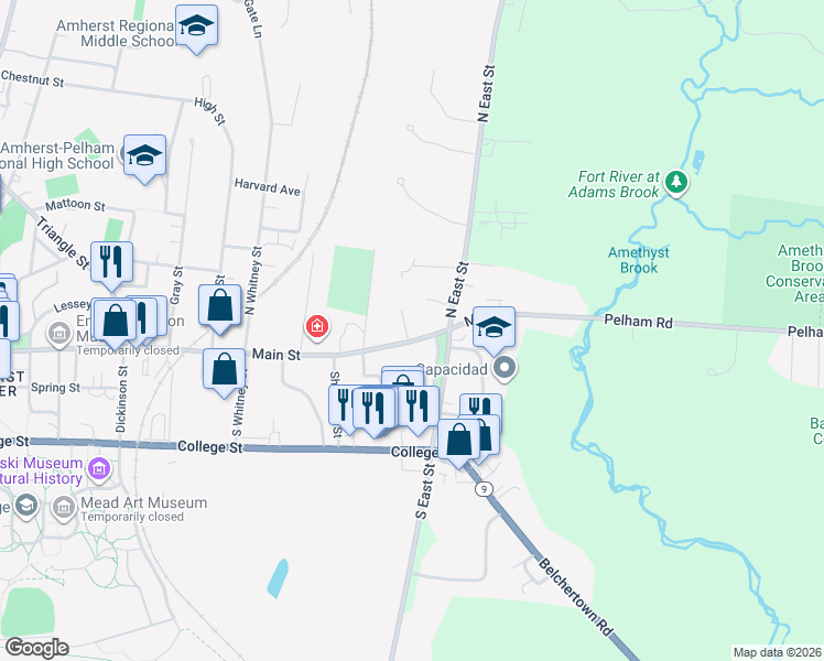 map of restaurants, bars, coffee shops, grocery stores, and more near 722 Main Street in Amherst