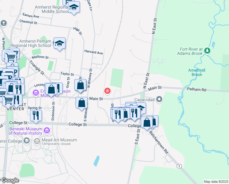 map of restaurants, bars, coffee shops, grocery stores, and more near 44 Salem Place in Amherst