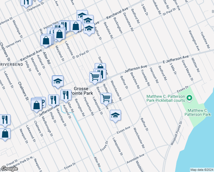 map of restaurants, bars, coffee shops, grocery stores, and more near 990 Nottingham Road in Grosse Pointe Park