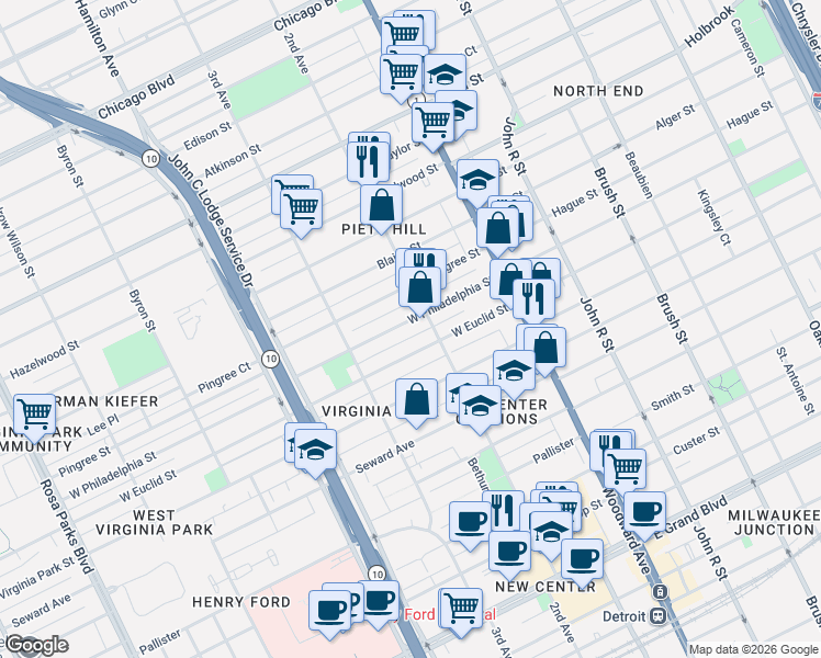 map of restaurants, bars, coffee shops, grocery stores, and more near 639 West Philadelphia Street in Detroit