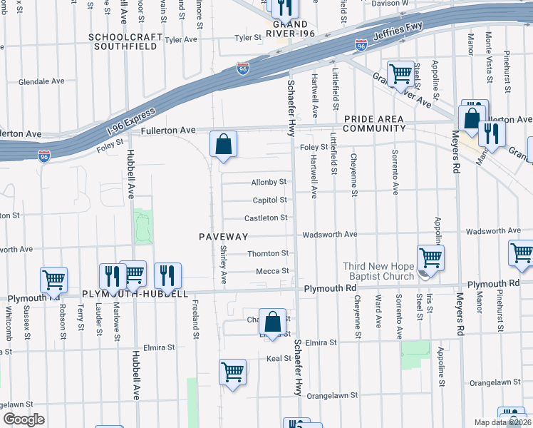 map of restaurants, bars, coffee shops, grocery stores, and more near 13666 Castleton Street in Detroit