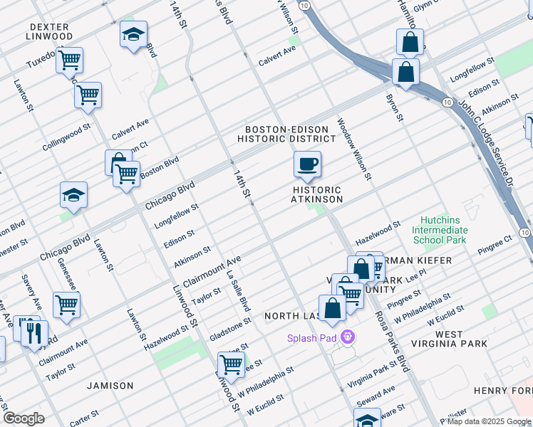 map of restaurants, bars, coffee shops, grocery stores, and more near 2066 Atkinson Street in Detroit