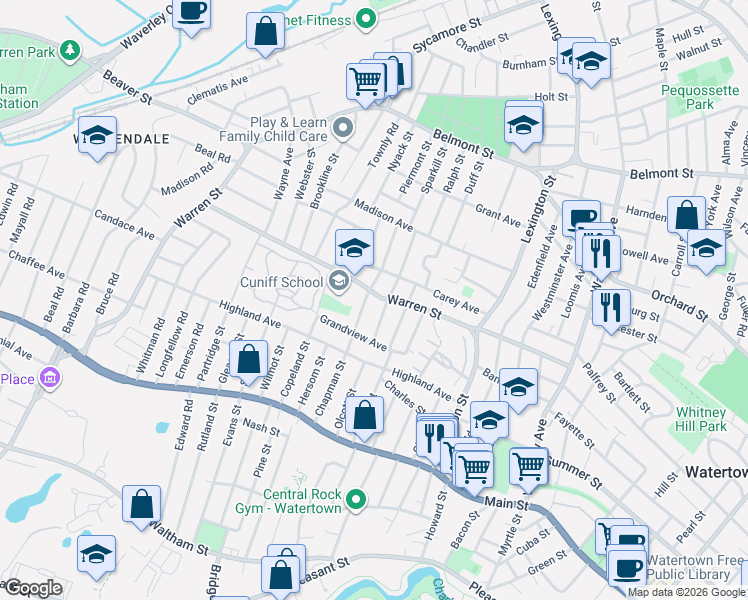 map of restaurants, bars, coffee shops, grocery stores, and more near 212 Warren Street in Watertown