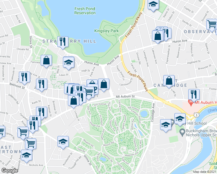 map of restaurants, bars, coffee shops, grocery stores, and more near 44 Aberdeen Avenue in Cambridge