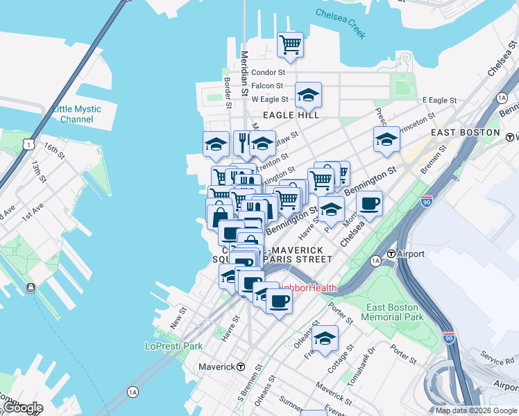 map of restaurants, bars, coffee shops, grocery stores, and more near 15 Princeton Street in Boston