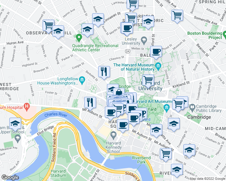 map of restaurants, bars, coffee shops, grocery stores, and more near 8 Garden Street in Cambridge