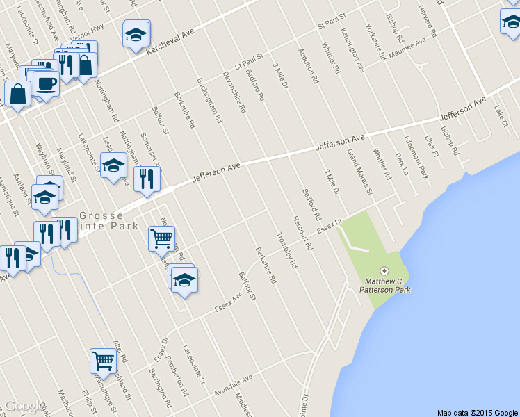 map of restaurants, bars, coffee shops, grocery stores, and more near 905 Trombley Rd in Grosse Pointe Park
