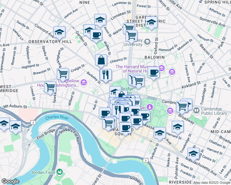map of restaurants, bars, coffee shops, grocery stores, and more near 8 Garden Street in Cambridge