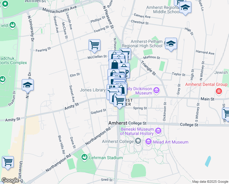 map of restaurants, bars, coffee shops, grocery stores, and more near 48 North Pleasant Street in Amherst