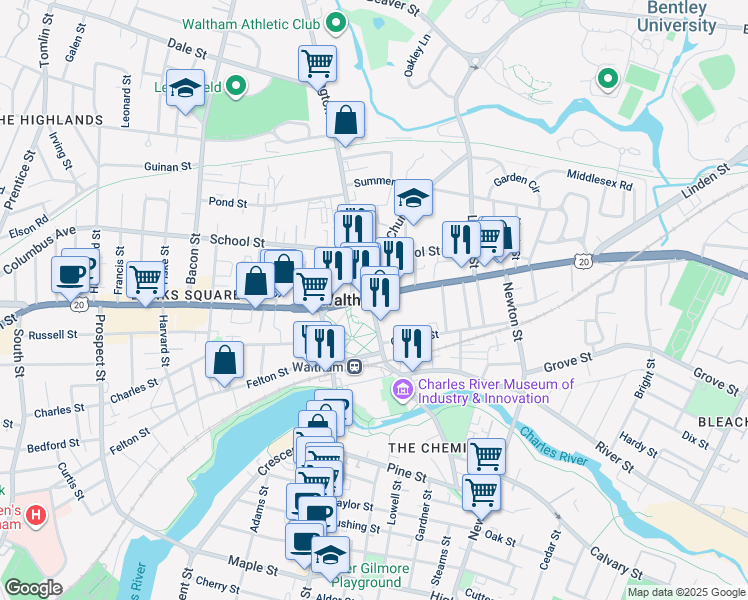 map of restaurants, bars, coffee shops, grocery stores, and more near 600 Highway 20 in Waltham